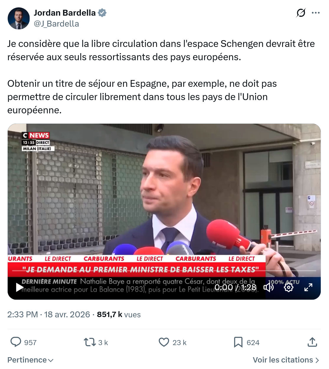 Jordan Bardella: Je considère que la libre circulation…