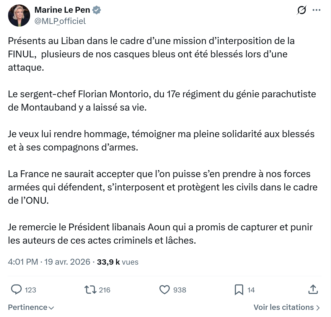 Marine Le Pen: Présents au Liban dans le cadre…