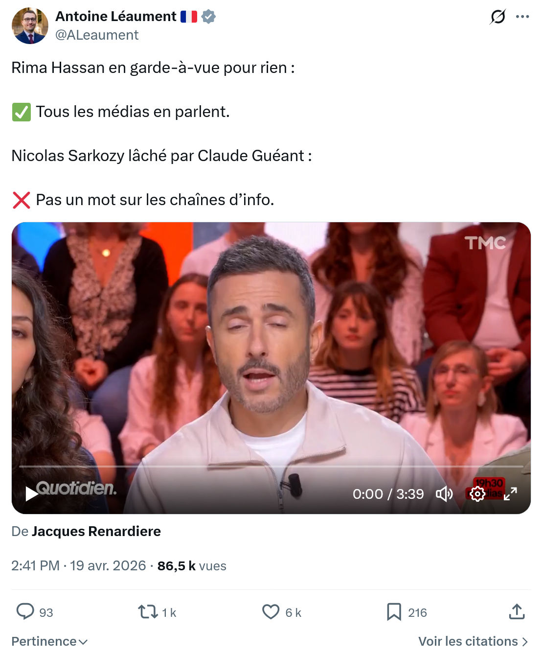 Antoine Léaument: Rima Hassan en garde-à-vue pour rien…