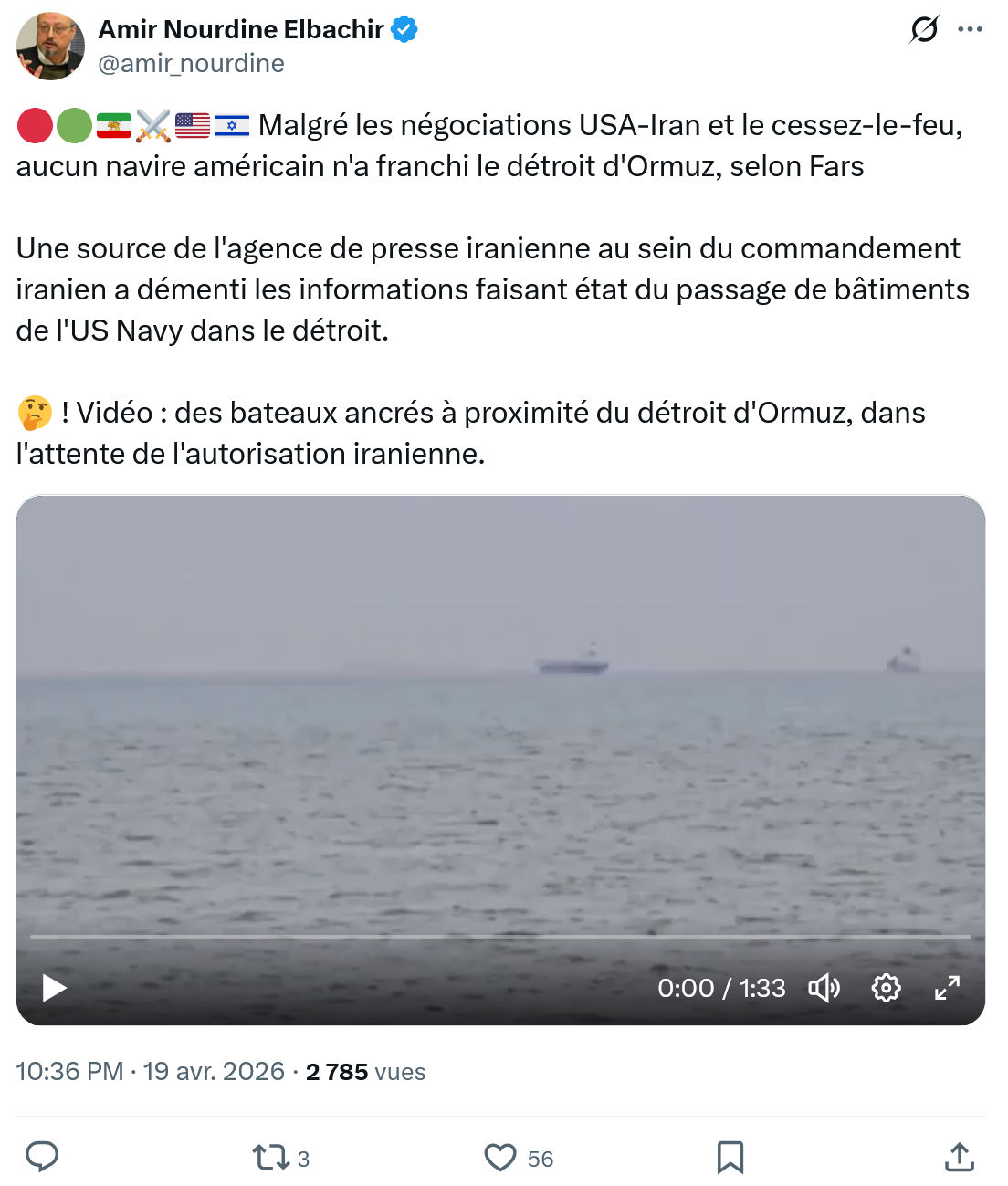 Amir Nourdine Elbachir: Malgré les négociations USA-Iran et le cessez-le-feu…