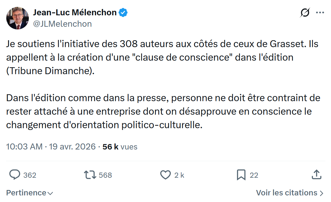 Jean-Luc Mélenchon: Je soutiens l'initiative des 308 auteurs…