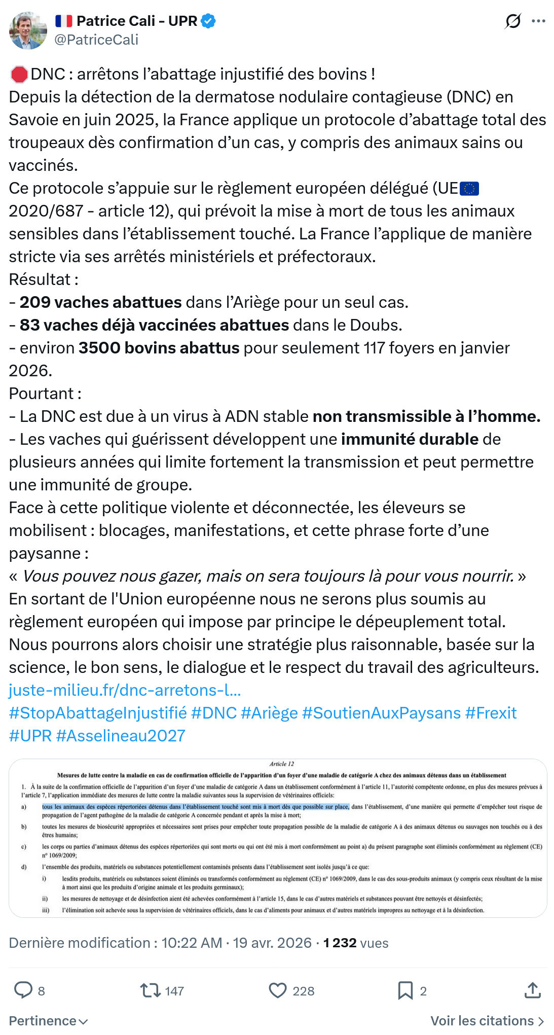 Patrice Cali: DNC : arrêtons l’abattage injustifié des bovins…