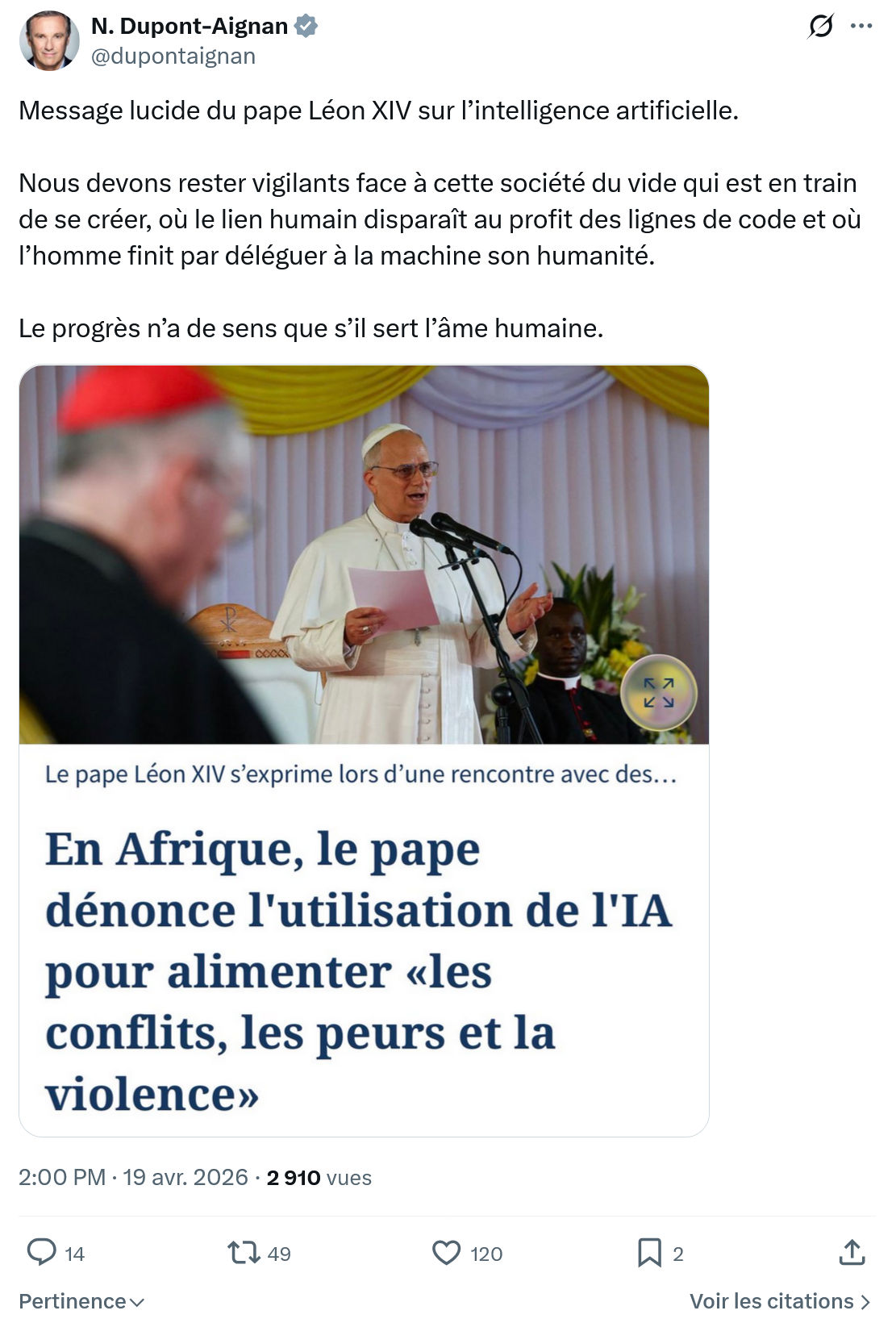 Nicolas Dupont-Aignan: Message lucide du pape Léon XIV…