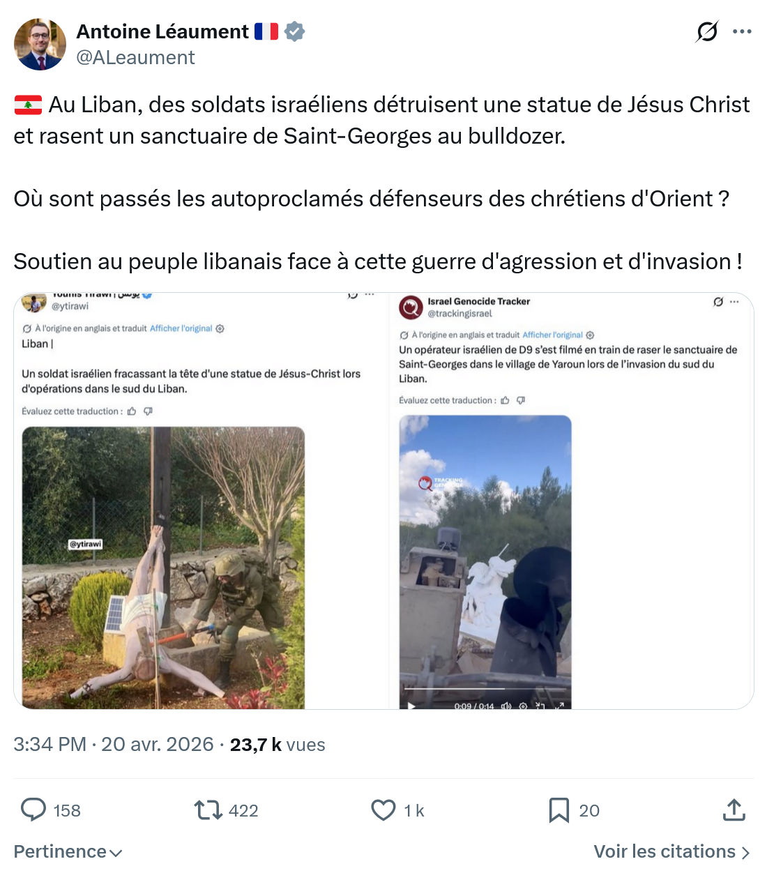 Antoine Léaument: Au Liban, des soldats israéliens détruisent…