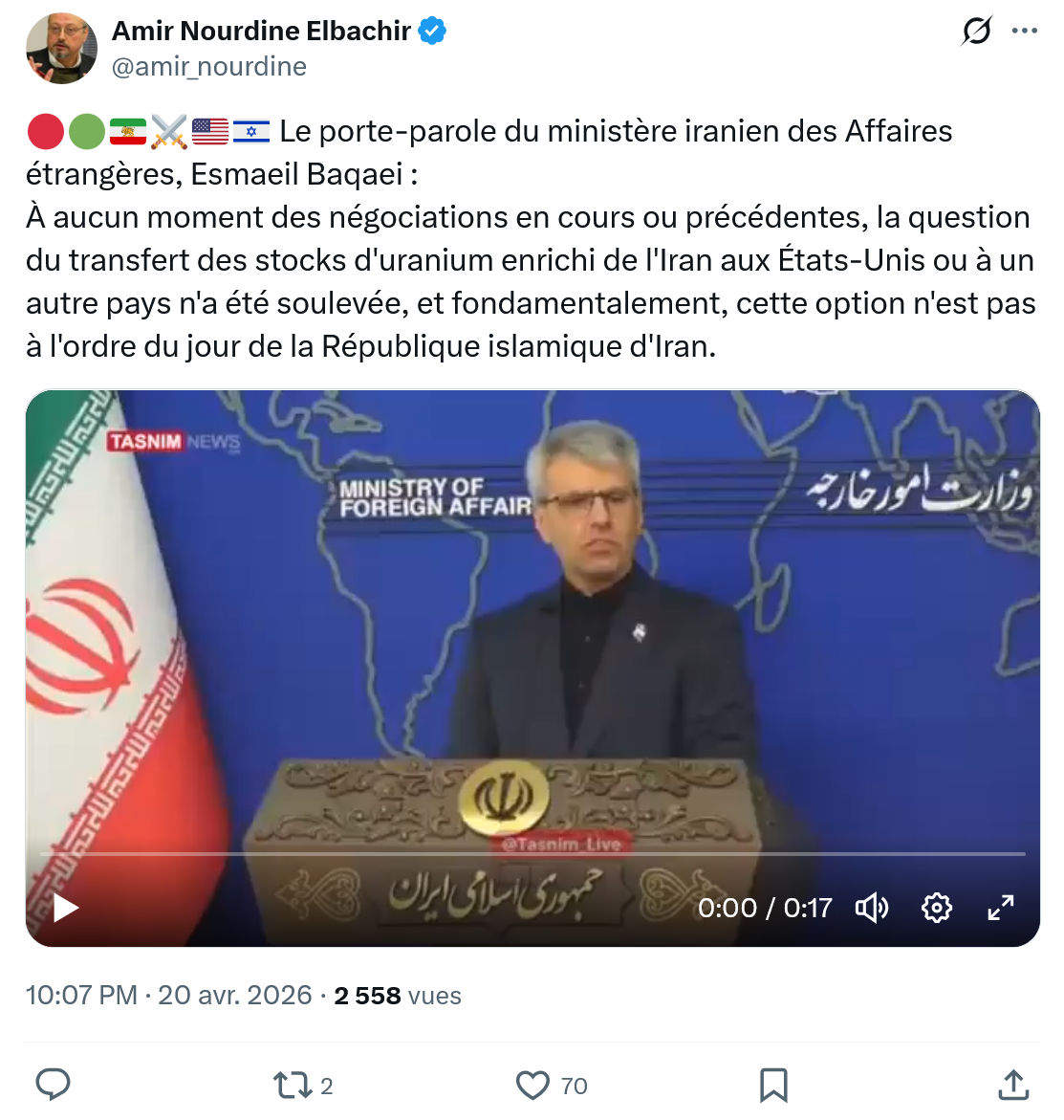 Amir Nourdine Elbachir: Le porte-parole du ministère iranien…