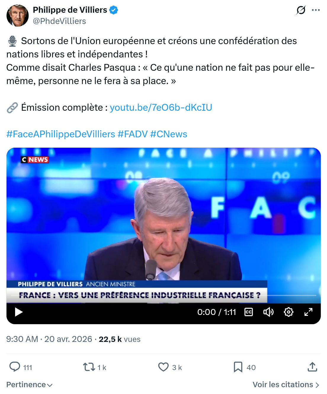 Philippe de Villiers: Sortons de l'Union européenne et créons…