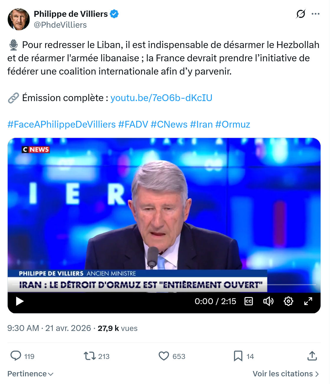 Philippe de Villiers: Pour redresser le Liban…