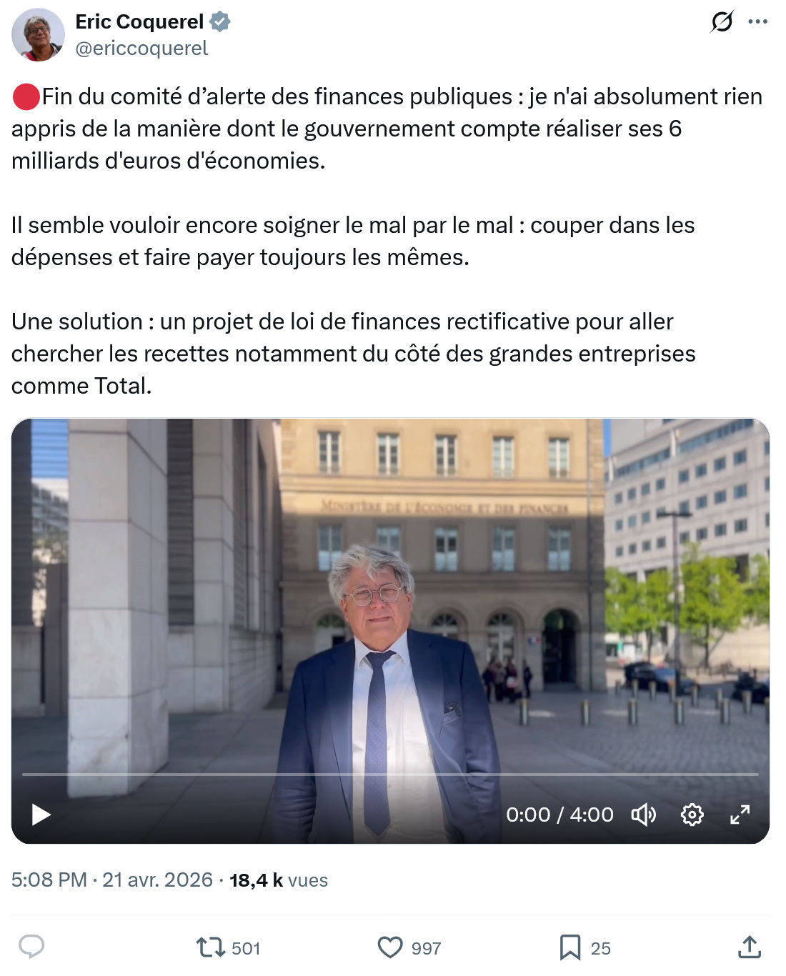 Eric Coquerel: Fin du comité d’alerte des finances…