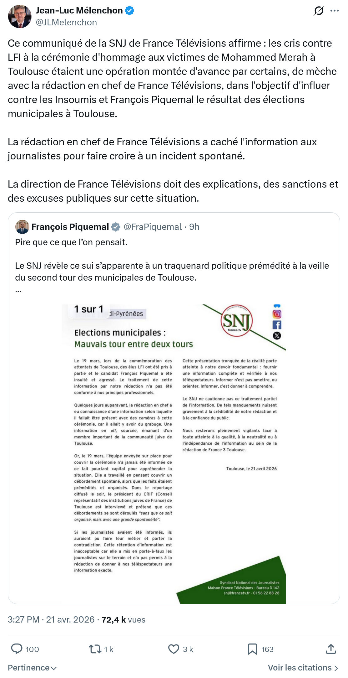 Jean-Luc Mélenchon: Ce communiqué de la SNJ de France Télévisions affirme…