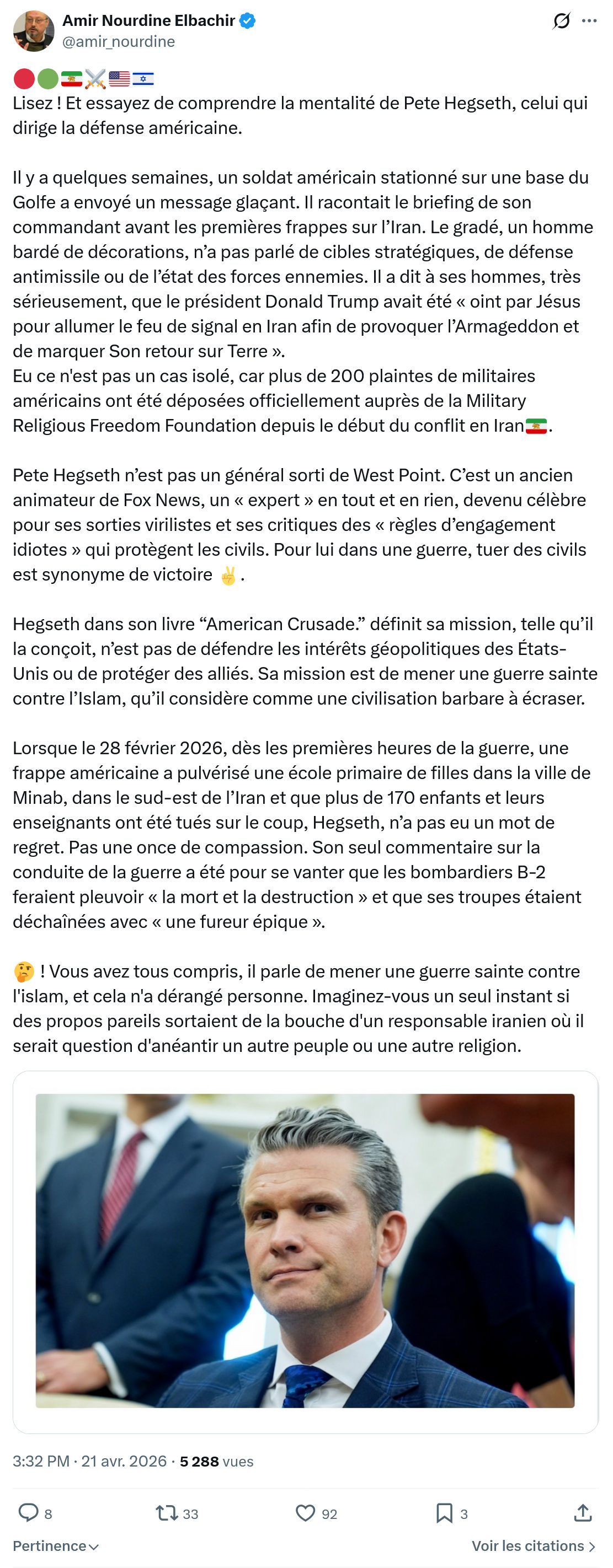 Amir Nourdine Elbachir: Lisez ! Et essayez de comprendre la mentalité de Pete Hegseth…