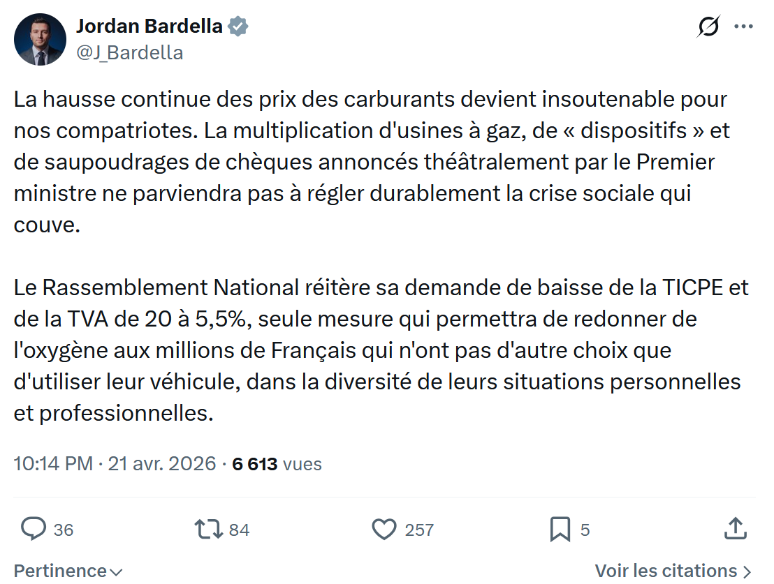 Jordan Bardella: La hausse continue des prix des carburants…