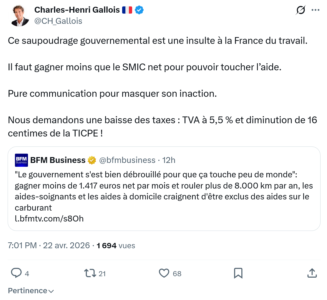 Charles-Henri Gallois: Ce saupoudrage gouvernemental est une insulte…