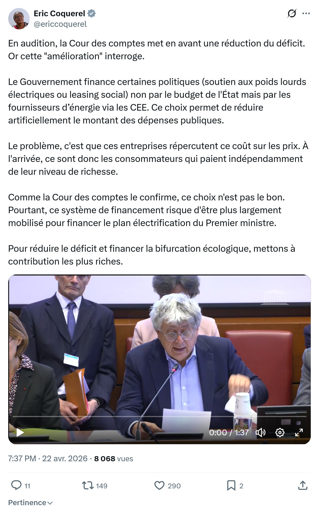 Eric Coquerel: En audition, la Cour des comptes…