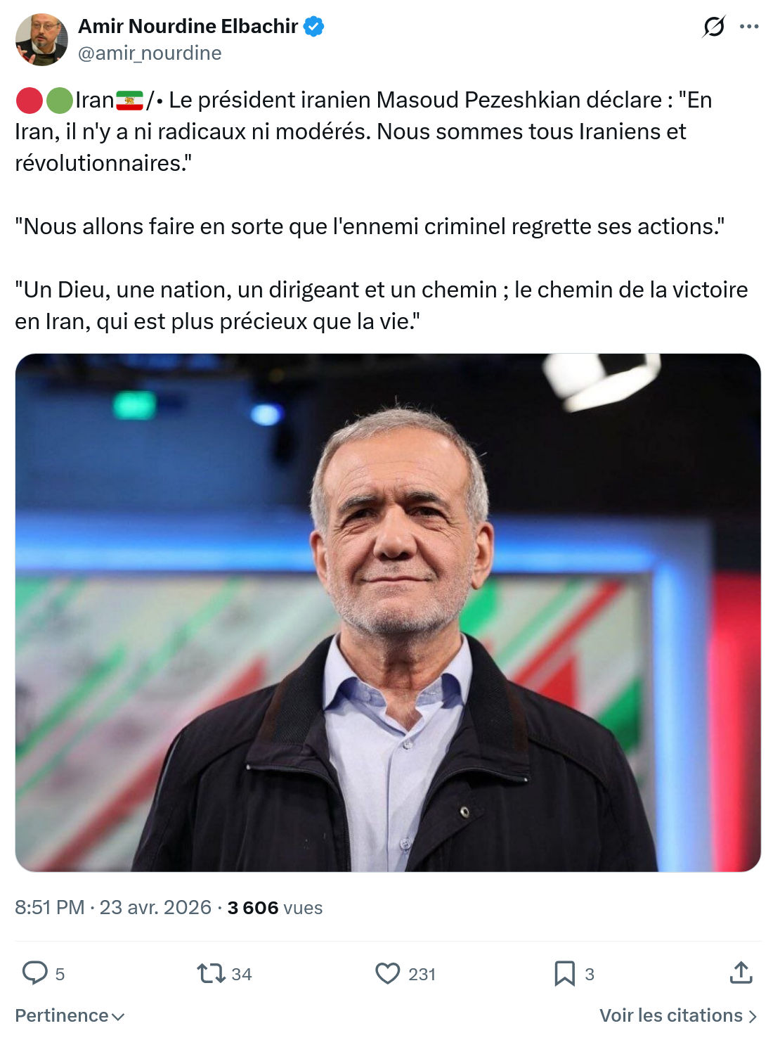 Amir Nourdine Elbachir: Le président iranien Masoud Pezeshkian...