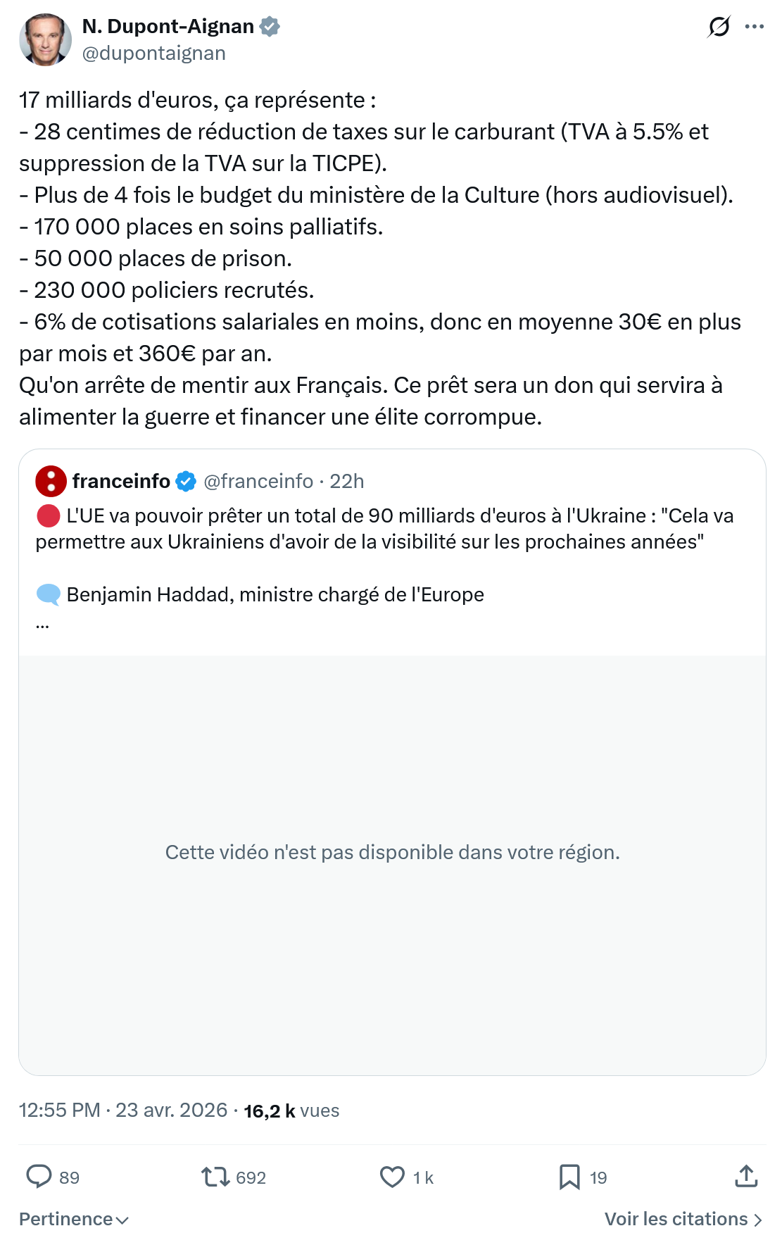 Nicolas Dupont-Aignan: 17 milliards d'euros, ça représente...