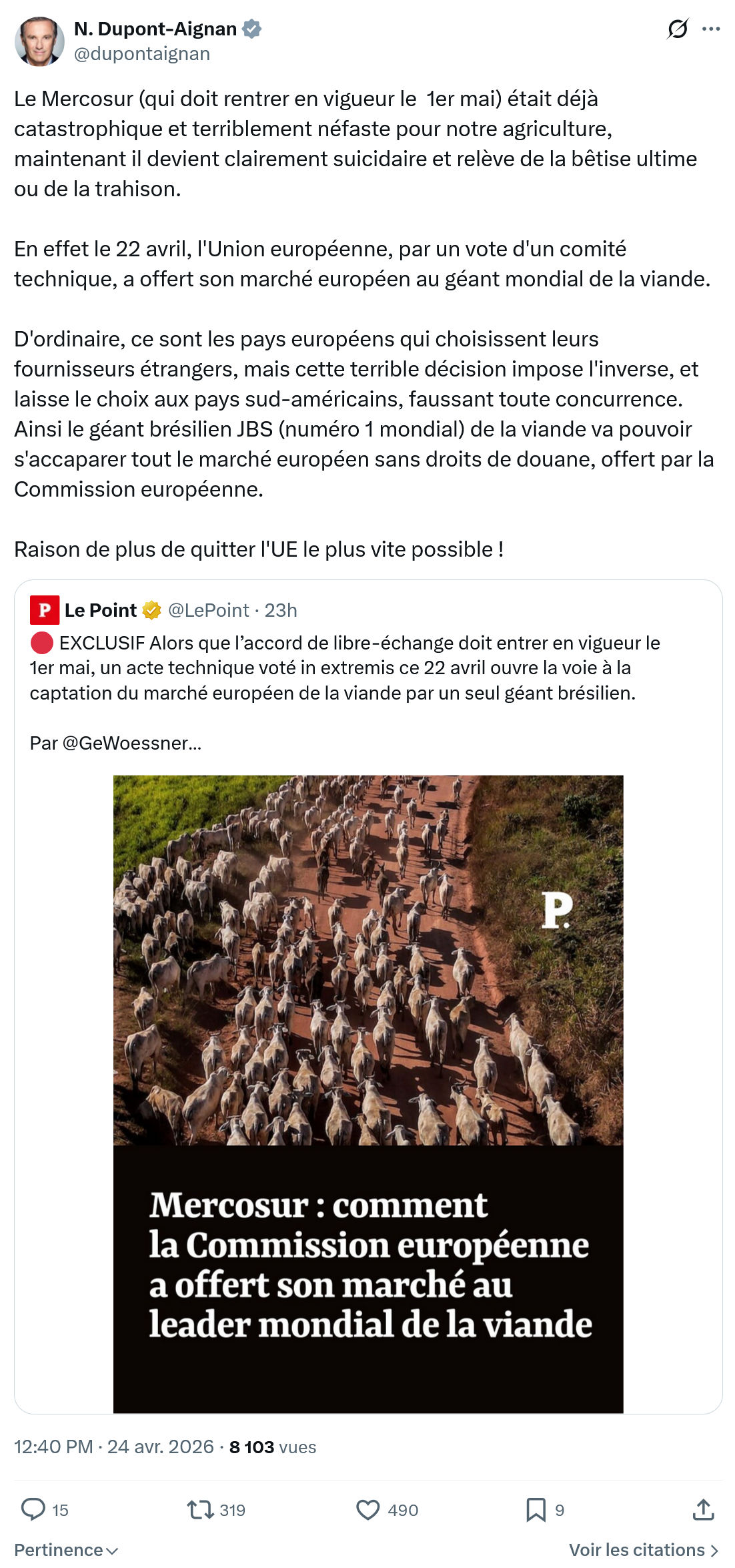 Nicolas Dupont-Aignan: Le Mercosur…
