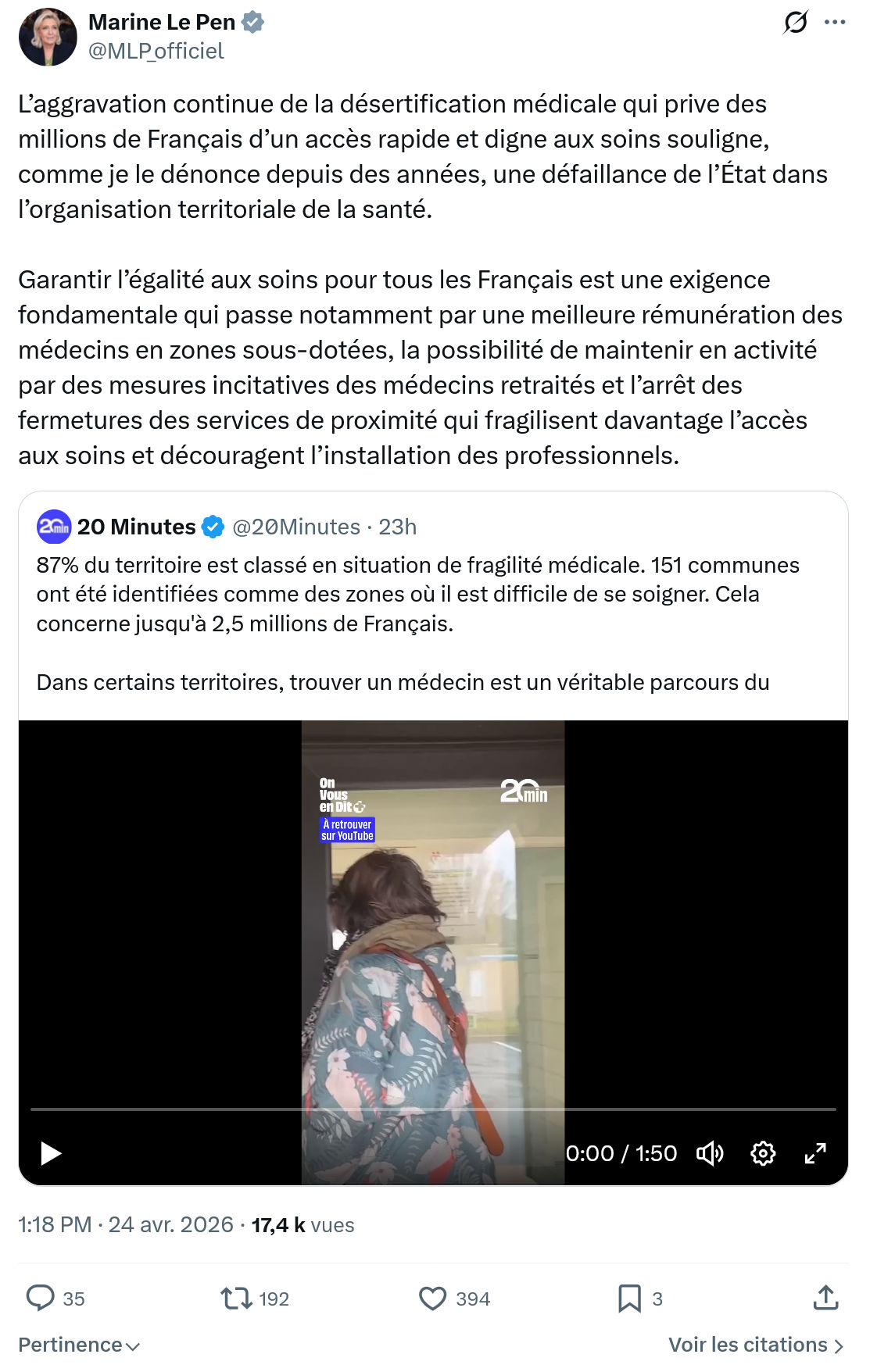 Marine Le Pen: L’aggravation continue de la désertification…
