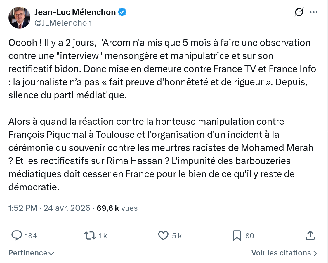 Jean-Luc Mélenchon: Ooooh ! Il y a 2 jours, l'Arcom n'a mis que 5 mois…