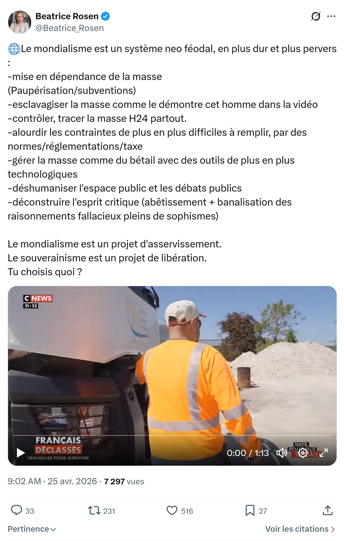 Béatrice Rosen: Le mondialisme est un système neo féodal…