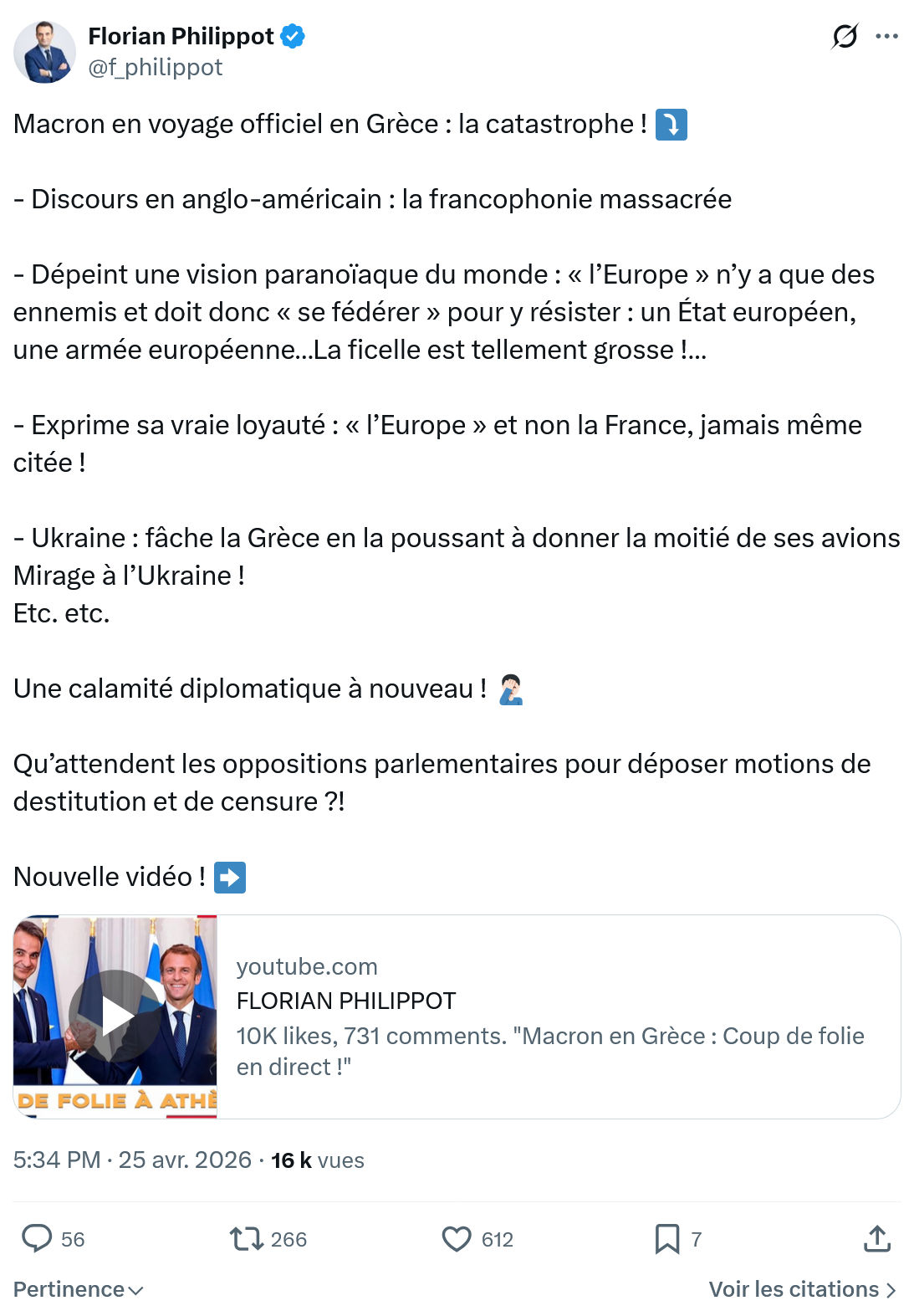 Florian Philippot: Macron en voyage officiel en Grèce…