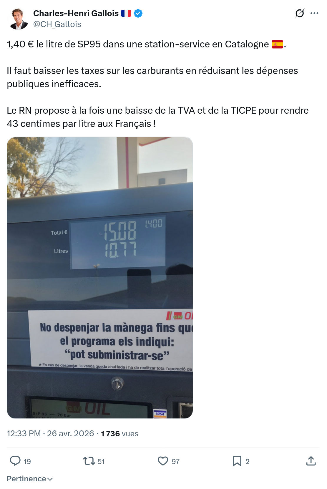 Charles-Henri Gallois: 1,40 € le litre de SP95 dans une station-service…