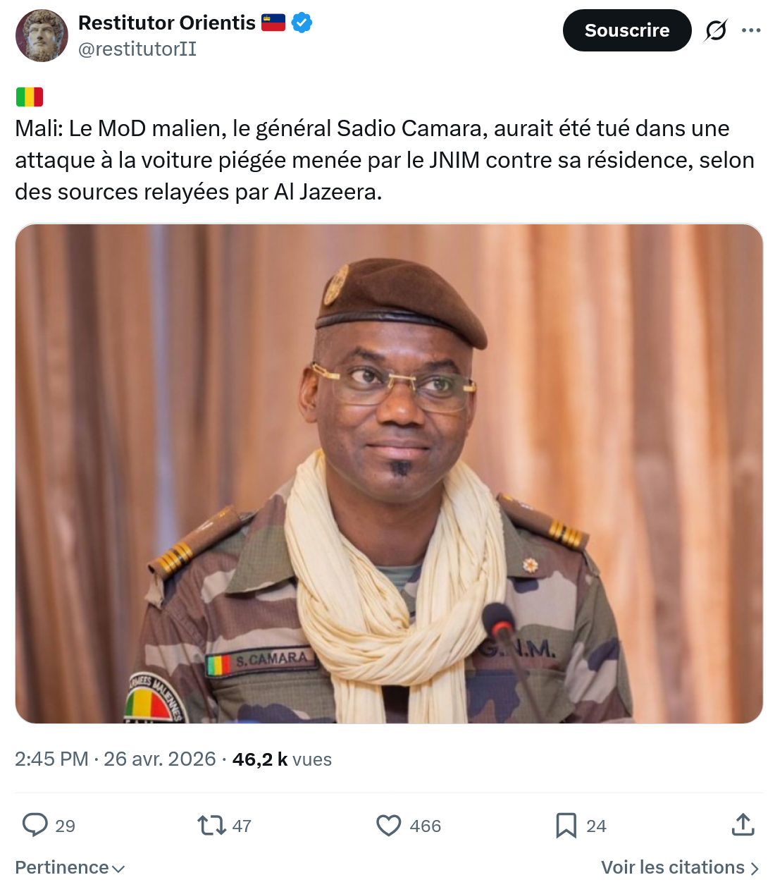 Restitutor Orientis: Mali: Le MoD malien, le général…