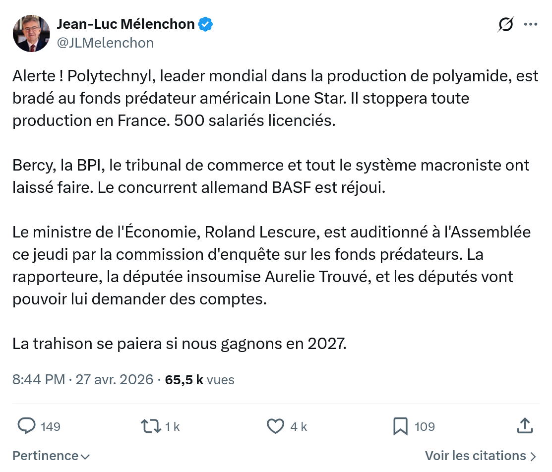 Jean-Luc Mélenchon: Alerte ! Polytechnyl, leader mondial dans…