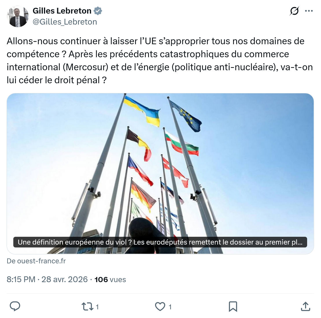 Gilles Lebreton: Allons-nous continuer à laisser l’UE s’approprier…