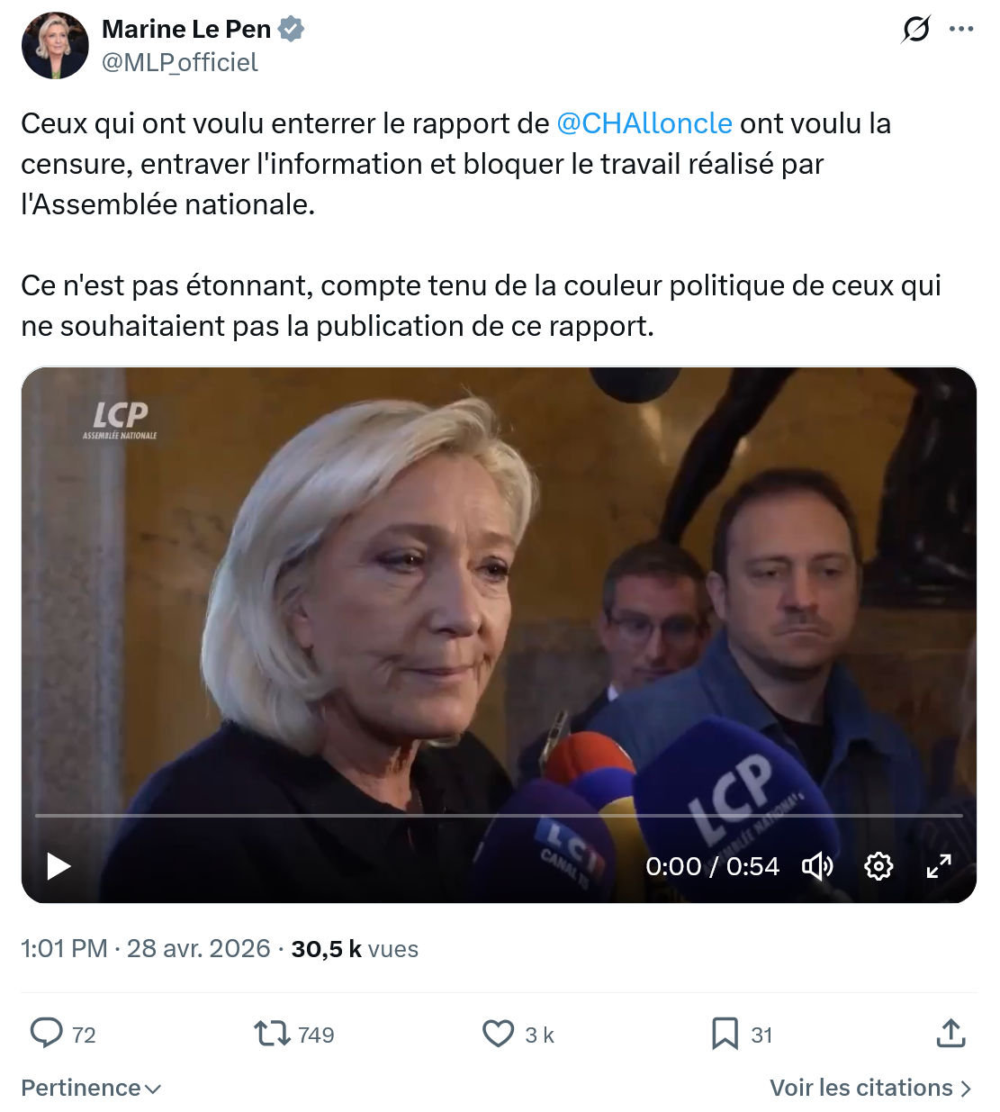 Marine Le Pen: Ceux qui ont voulu enterrer le rapport de @CHAlloncle…