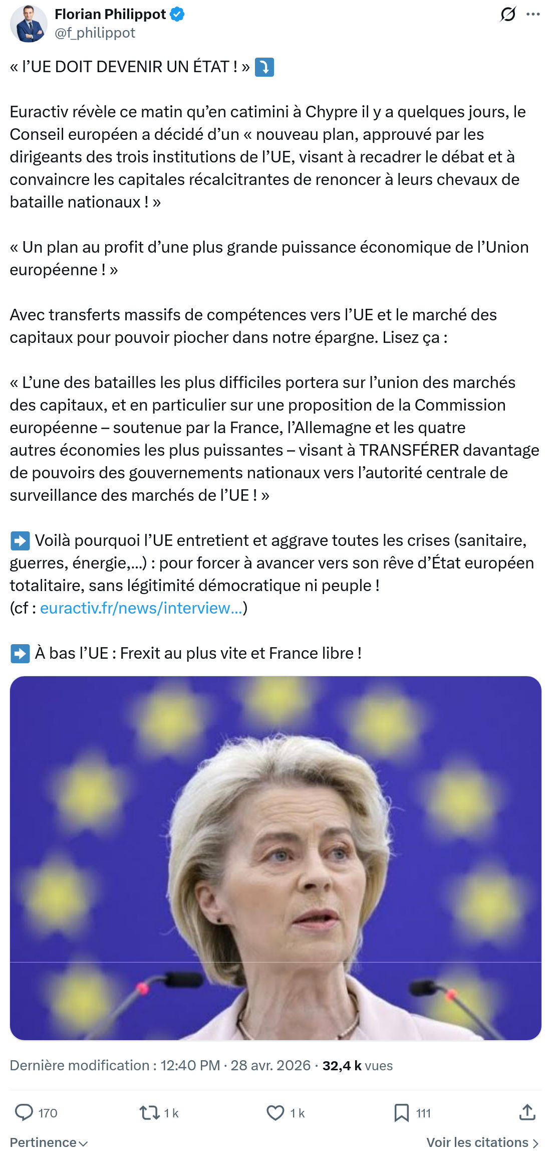 Florian Philippot: « l’UE DOIT DEVENIR UN ÉTAT ! »…