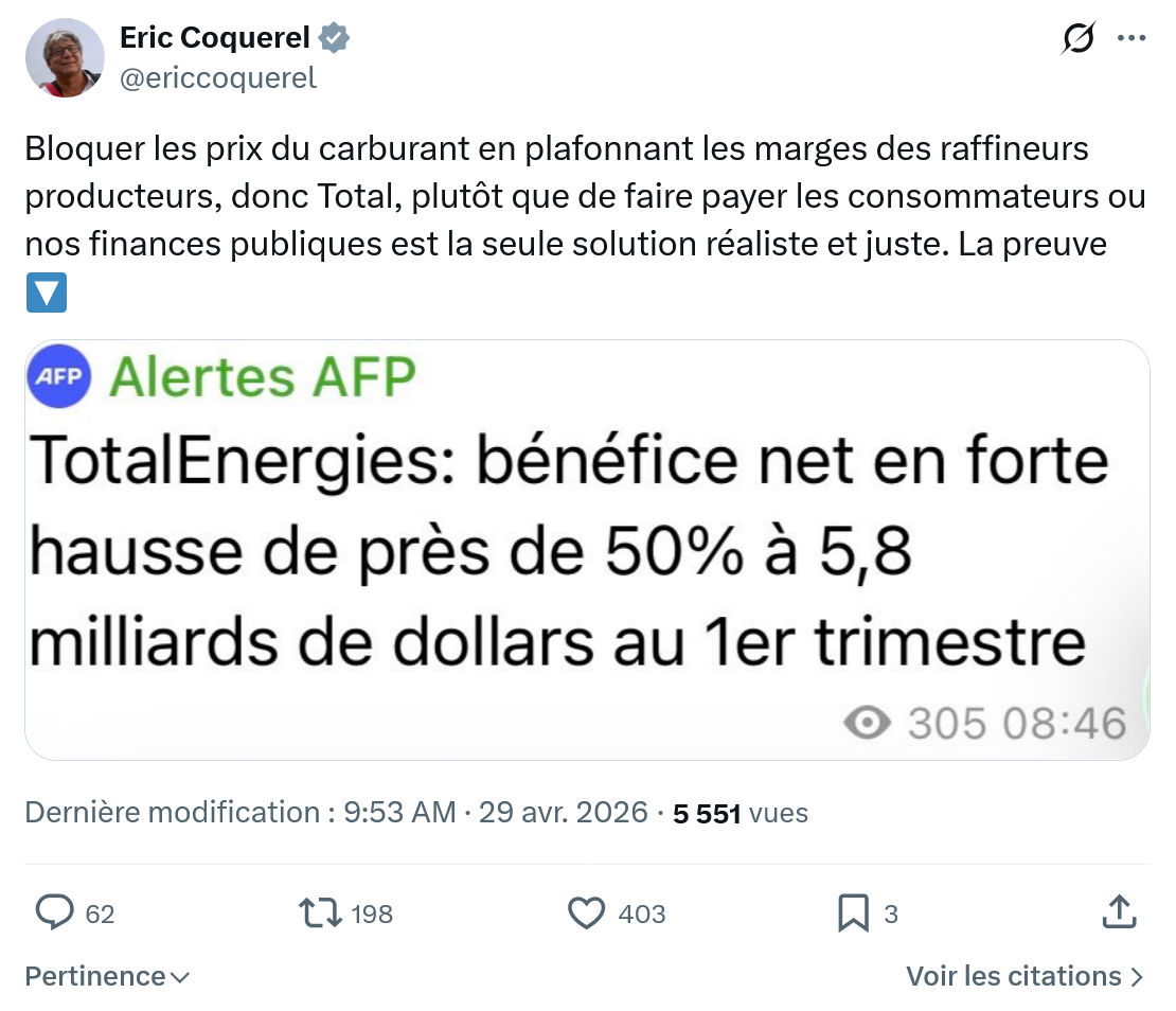Eric Coquerel: Bloquer les prix du carburant…
