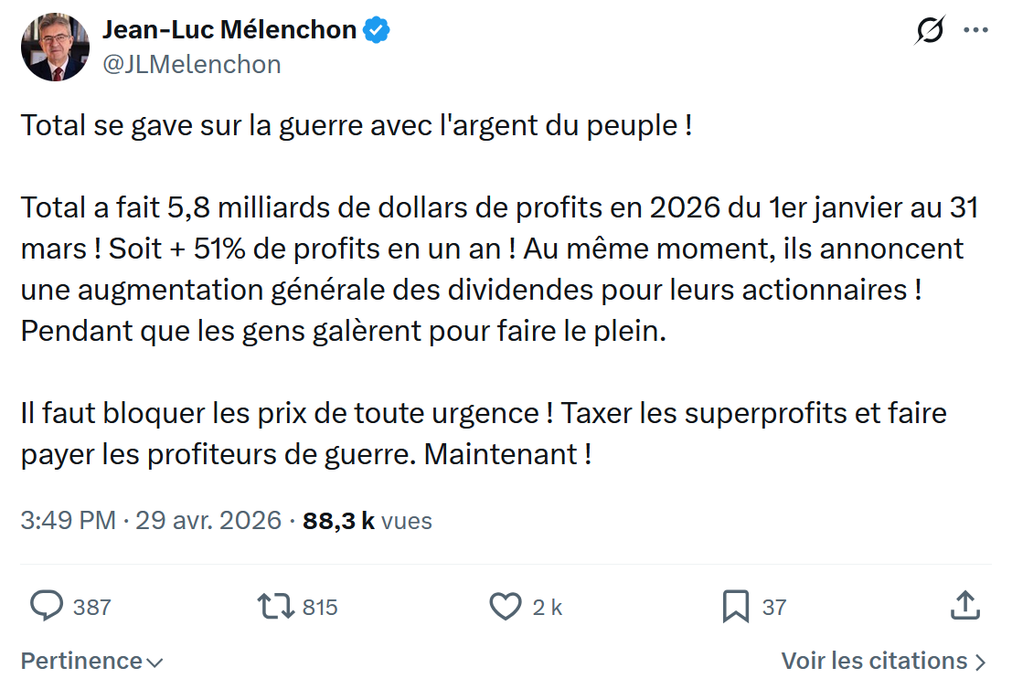 Jean-Luc Mélenchon: Total se gave sur la guerre…