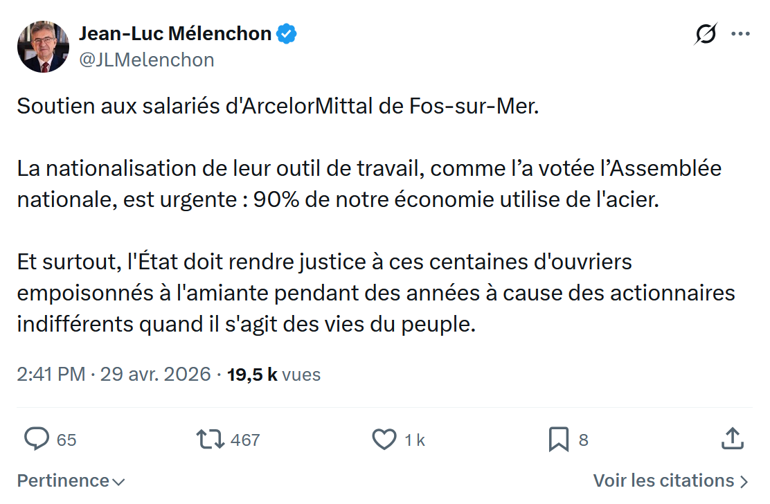 Jean-Luc Mélenchon: Soutien aux salariés d'ArcelorMittal…