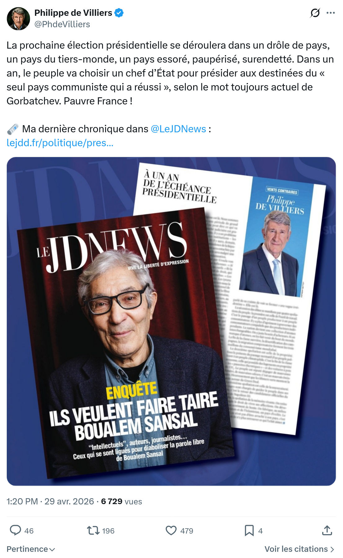 Philippe de Villiers: La prochaine élection présidentielle…