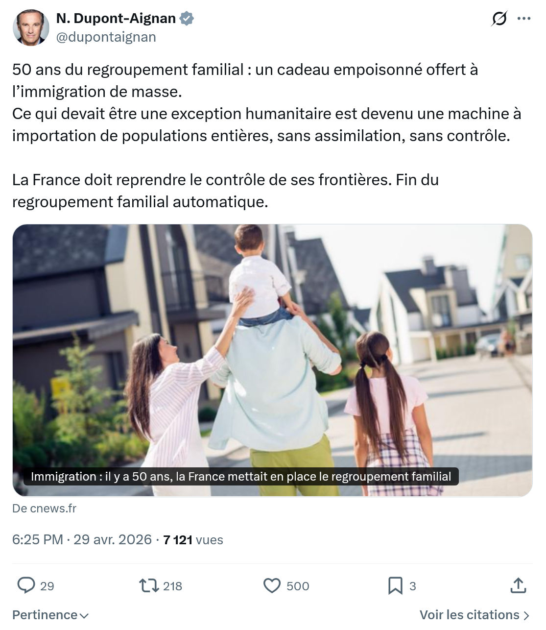 Nicolas Dupont-Aignan: 50 ans du regroupement familial…