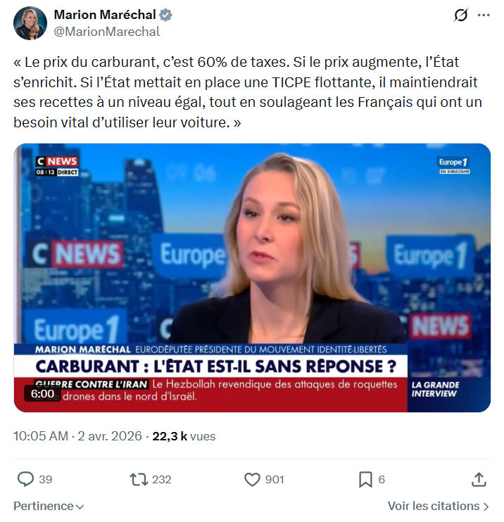 Marion Maréchal- Le Pen: Le prix du carburant, c’est 60% de taxes…
