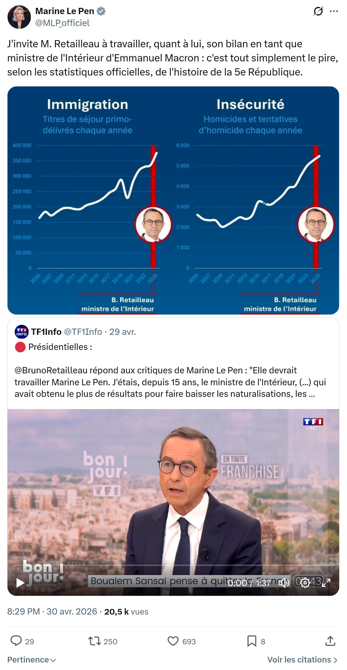 Marine Le Pen: J'invite M. Retailleau à travailler, quant...