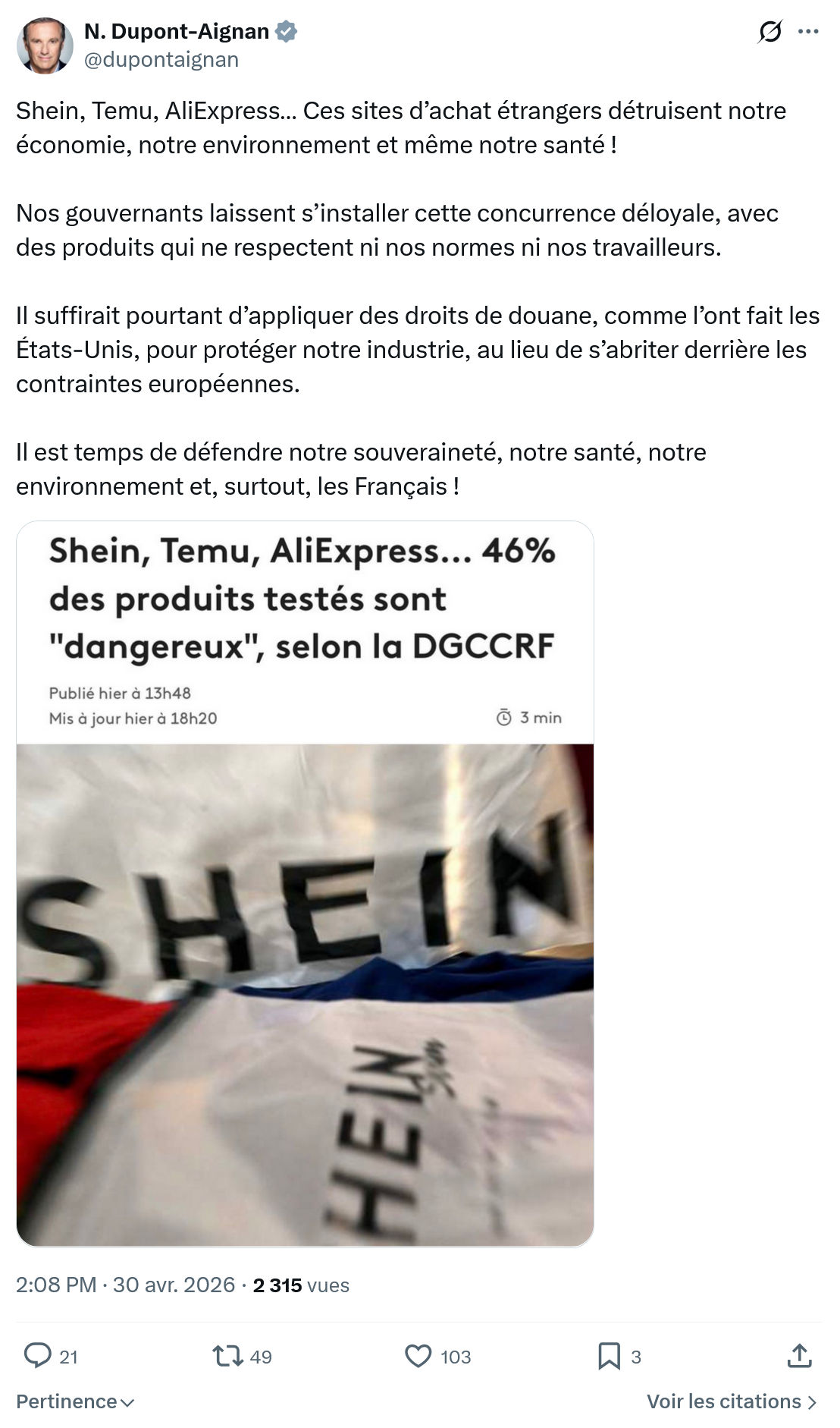 Nicolas Dupont-Aignan: Shein, Temu, AliExpress… Ces sites d’achat ...