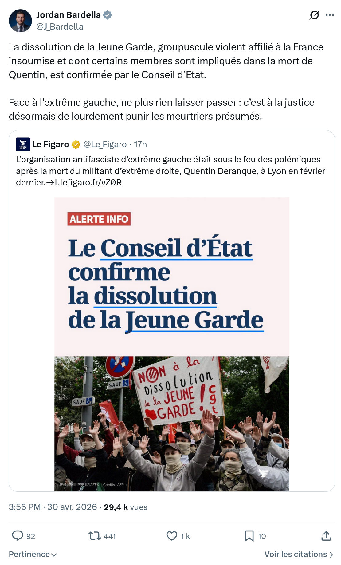Jordan Bardella: La dissolution de la Jeune Garde...
