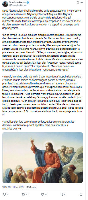 Stanislas Berton: Nous fêtons aujourd'hui le dimanche de la Septuagésime...