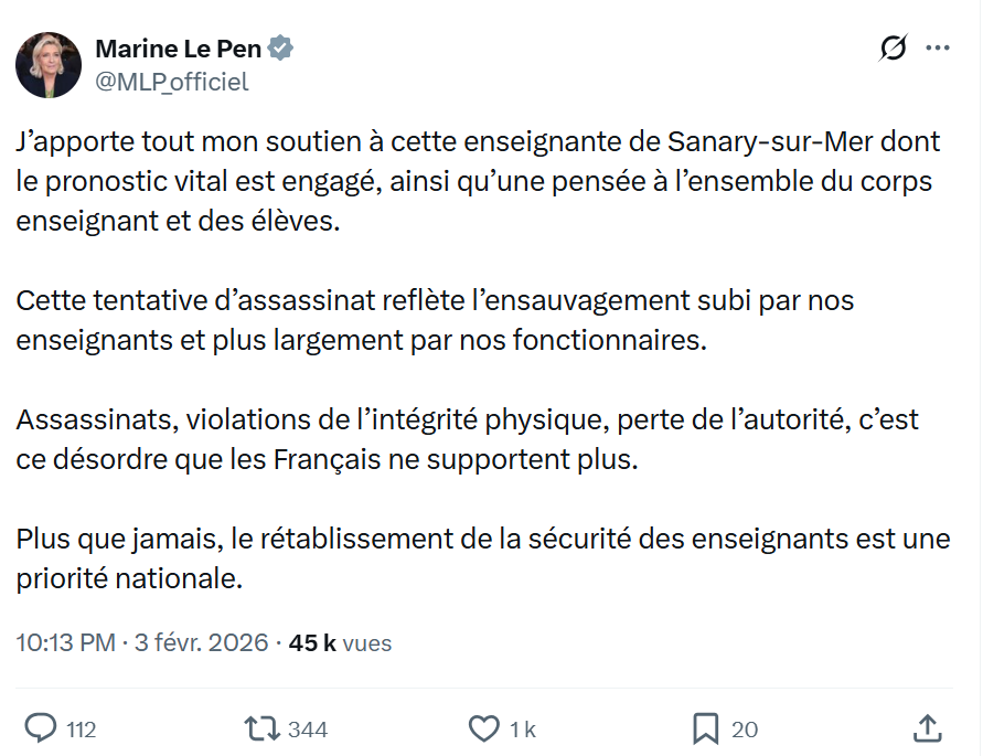 Marine Le Pen: J’apporte tout mon soutien à cette enseignante...