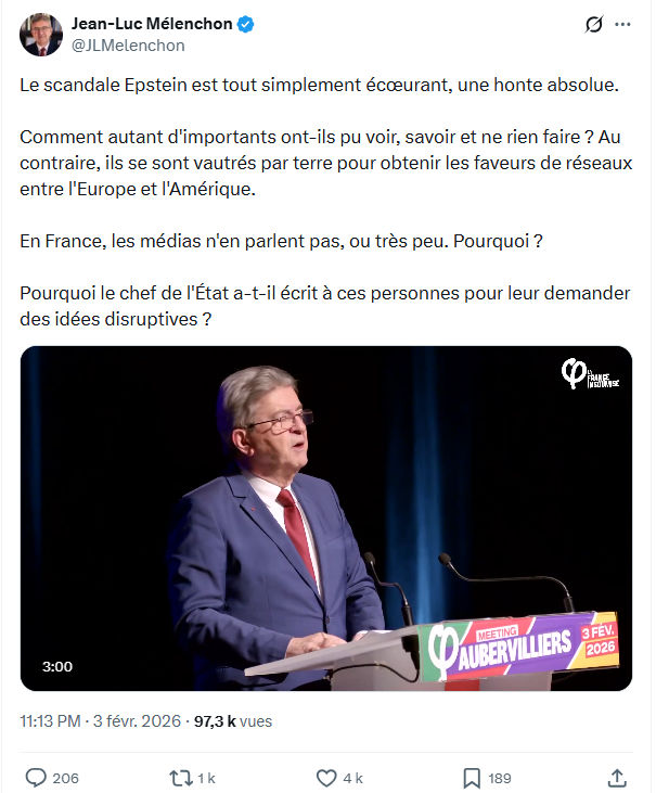 Jean-Luc Mélenchon: Le scandale Epstein est tout simplement écœurant...