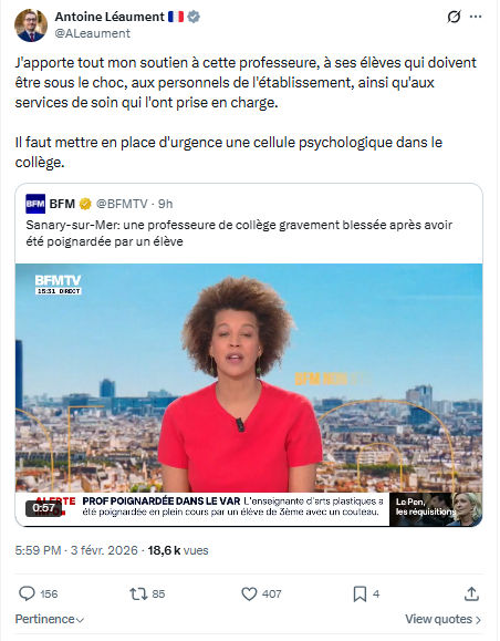 Antoine Léaument: J'apporte tout mon soutien à cette professeure...