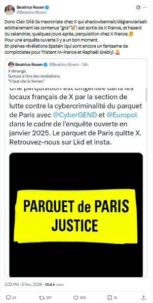 Béatrice Rosen: Donc Clair Dilé (la macroniste chez X qui shadowbannait/dégranularisait arbitrairement les contenus "gris"🤡)...