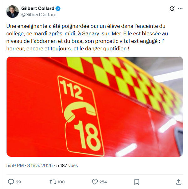 Gilbert Collard: Une enseignante a été poignardée par un élève...