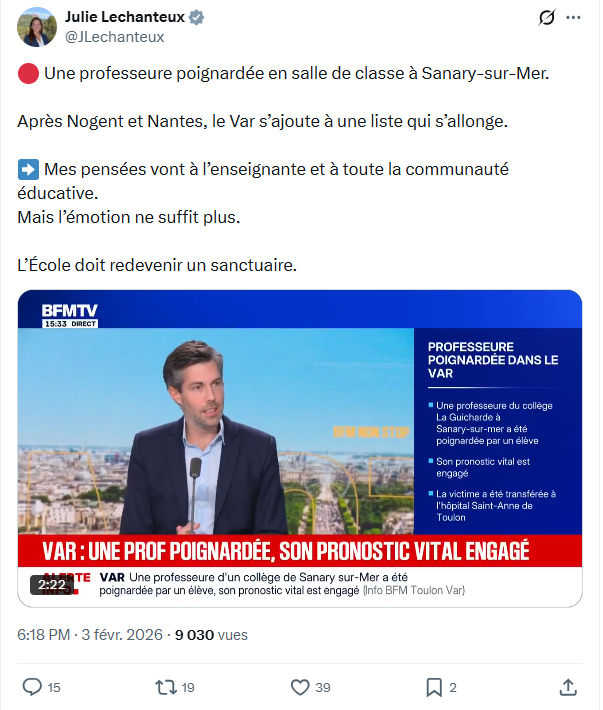Julie Lechanteux: Une professeure poignardée en salle de classe...
