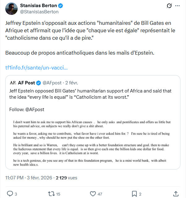 Stanislas Berton: Jeffrey Epstein s'opposait aux actions "humanitaires"...