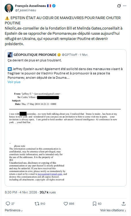Francois Asselineau: EPSTEIN ÉTAIT AU CŒUR DE MANŒUVRES...