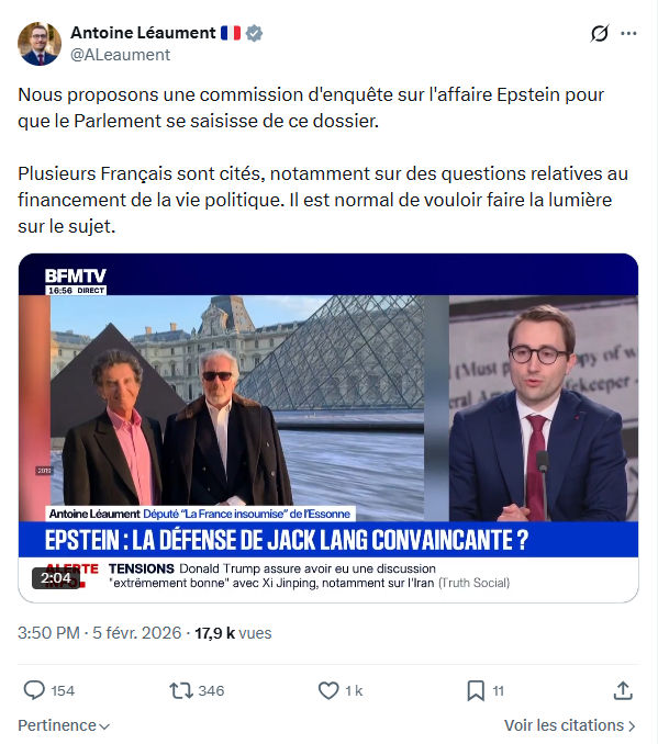 Antoine Léaument: Nous proposons une commission d'enquête sur l'affaire Epstein...