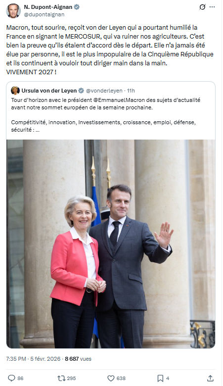 Nicolas Dupont-Aignan: Macron, tout sourire, reçoit von der Leyen...